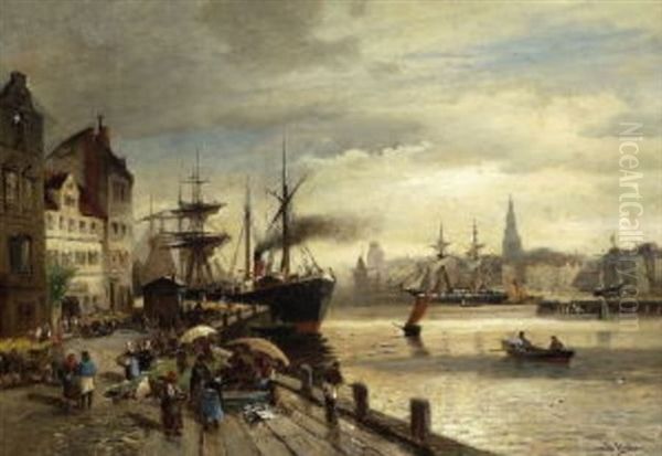 Hafenszene In Kopenhagen Oil Painting by Heinrich Hiller