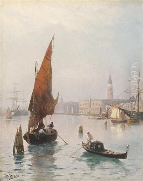 Auf Dem Wasser Vor Venedig. Gondeln, Fischerboote Und Segelschiffe Oil Painting by Heinrich Hiller