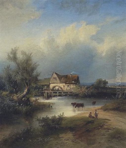 Muhle Am Fluss Oil Painting by Heinrich Hiller