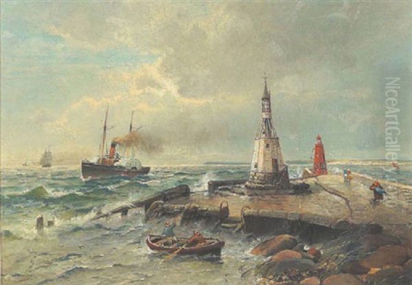 Norddeutsche Kustenszene Mit Leuchtturm Oil Painting by Heinrich Hiller