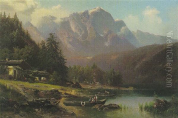 Alpensee Mit Blick Auf Ein Bergmassiv (zugspitze?) Oil Painting by Heinrich Hiller