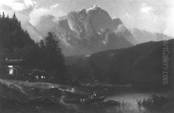 Aufbruch Zu Einer Ruderpartie Auf Einem Alpensee Oil Painting by Heinrich Hiller