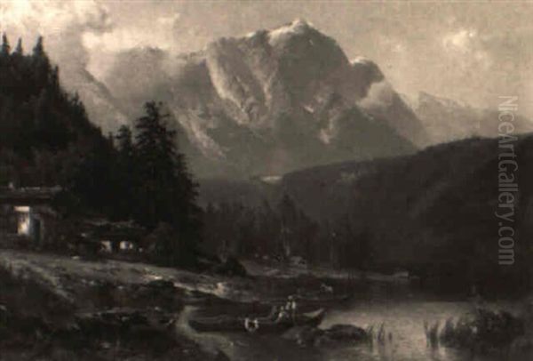 Alpine Landscape With Boaters Oil Painting by Heinrich Hiller