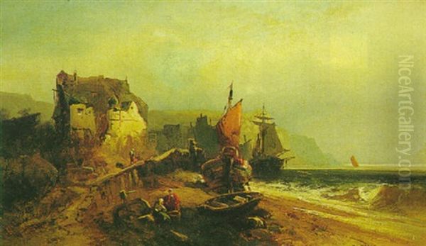 A Coastal Scene Oil Painting by Heinrich Hiller