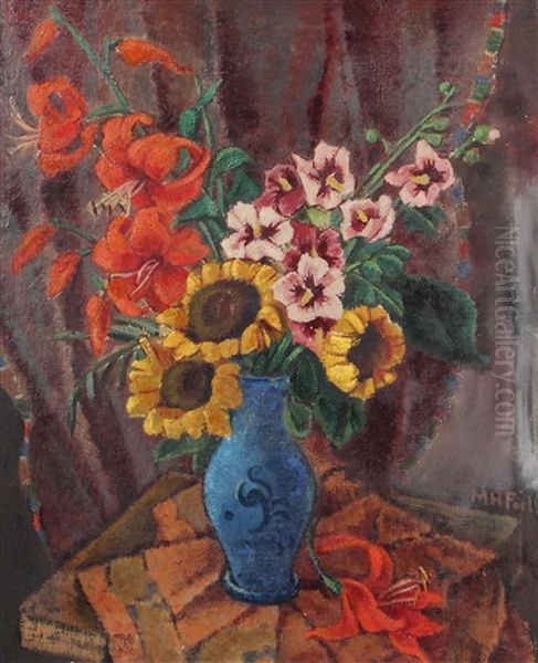 Stillleben Mit Einem Sommerstraus In Blauer Keramikvase Oil Painting by Maria Hiller-Foell