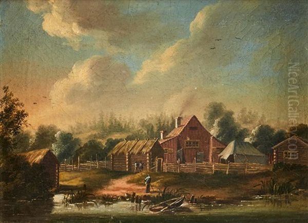 Gardsmotiv Vid Vattendrag Oil Painting by Pehr Hillestroem