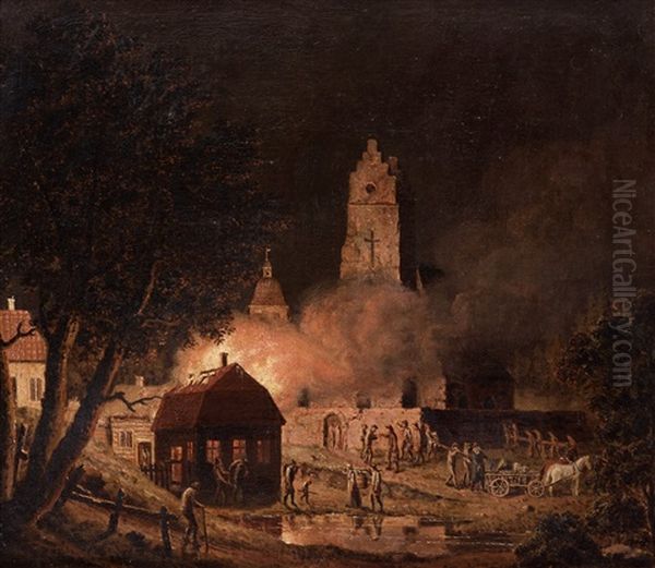 Eldsvada I Kyrkby (sydsvenskt Motiv) Oil Painting by Pehr Hillestroem