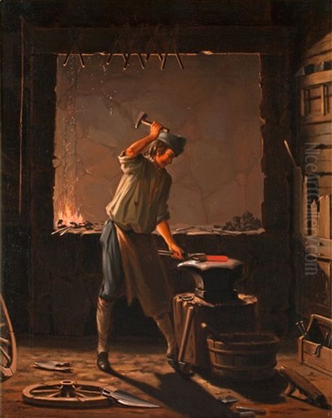 Interior Of A Smithy Oil Painting by Pehr Hillestroem