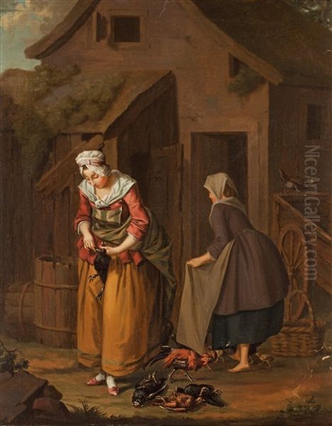 En Qvinna Slagtar Hons (a Woman Slaughtering Hens) Oil Painting by Pehr Hillestroem