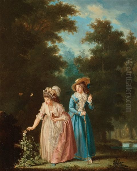 2ne Fruent: Der Soker Att Fastaga En F(j)eril Pa En Blomma (two Ladies Trying To Catch A Butterfly) Oil Painting by Pehr Hillestroem