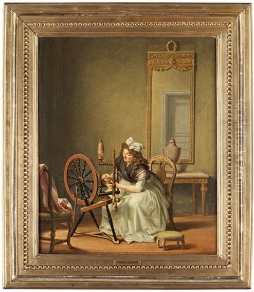 Ett Fruentimmer Spinnande, Igensoker Den Afgagna Garn Andan Oil Painting by Pehr Hillestroem