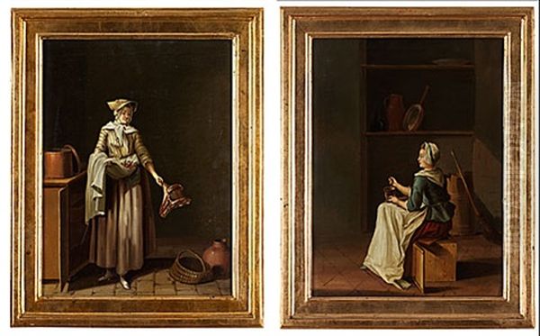 Qvinna Kommer In Med En Lambstek (+ Qvinna Stoter I Mortell; Pair) Oil Painting by Pehr Hillestroem