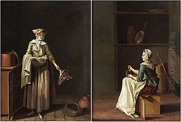 Qvinna Stoter I Mortel (+ Qvinna Kommer In Med En Lambstek; Pair) Oil Painting by Pehr Hillestroem