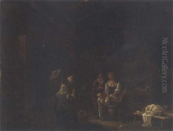 A Barn Interior With Peasants Washing Clothes Oil Painting by Pehr Hillestroem