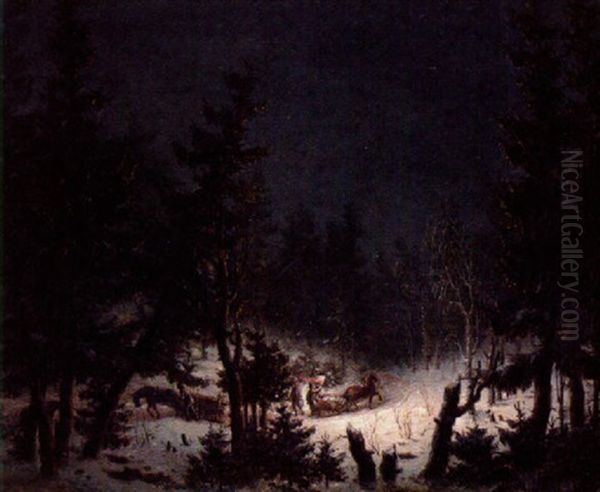 Ett Vinterstycke, Dar De Aka I Skien Af Facklor Oil Painting by Pehr Hillestroem