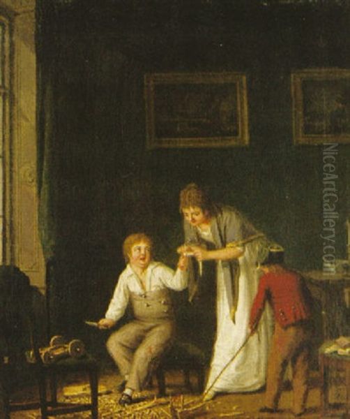 En Gosse Som Taljt Och Skurit Sig I Handen Och En Flicka Forbinder Oil Painting by Pehr Hillestroem