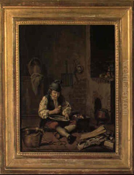 En Gosse Sitter Pa Golvet Och Ater Utur Ett Fat Oil Painting by Pehr Hillestroem