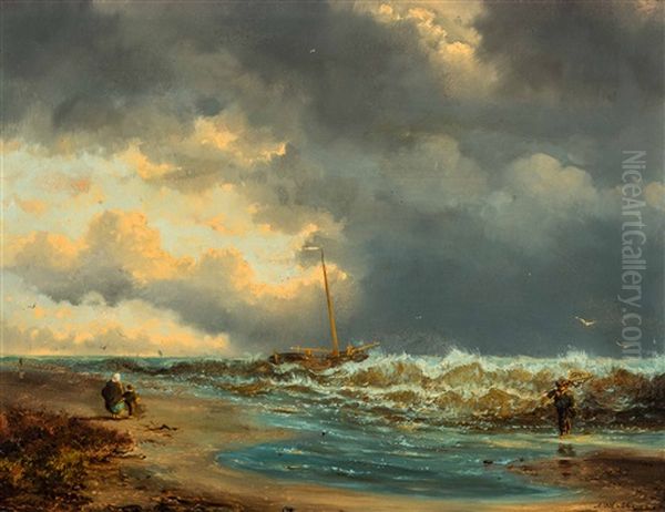 Beach View At Dusk Oil Painting by Adrianus David Hilleveld