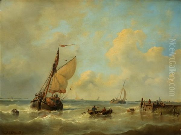 Coastal Scenes With Saling Vessels (2) Oil Painting by Adrianus David Hilleveld