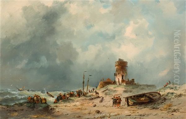 Figures On The Coast During Stormy Weather Oil Painting by Adrianus David Hilleveld