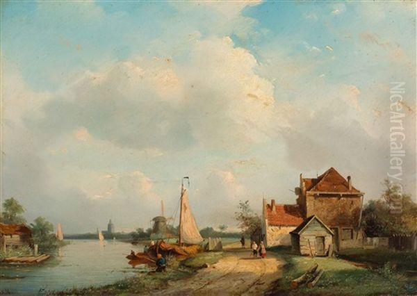 Dutch Summer River Landscape With Travelers And Anglers Oil Painting by Adrianus David Hilleveld