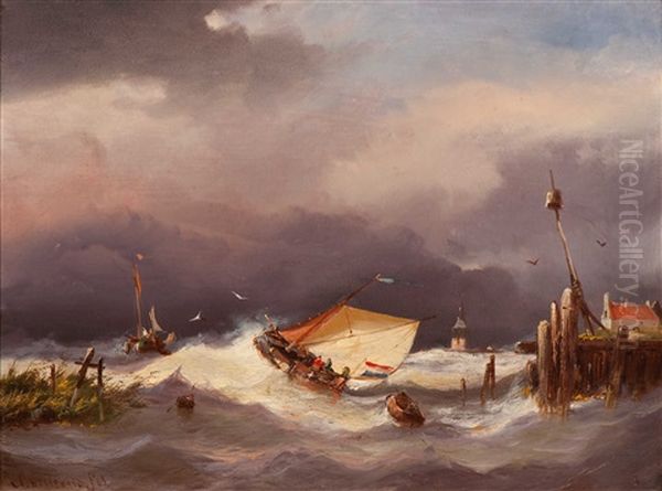 Ships Near The Coast In Choppy Waters Oil Painting by Adrianus David Hilleveld