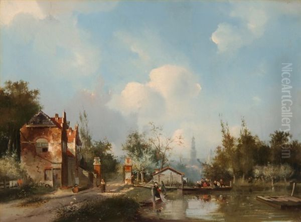 Kanallandschaft Vor Einer Stadt Oil Painting by Adrianus David Hilleveld