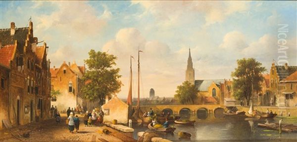 Belebte Hollandische Altstadt Am Kanal (alt-rotterdam?) Oil Painting by Adrianus David Hilleveld