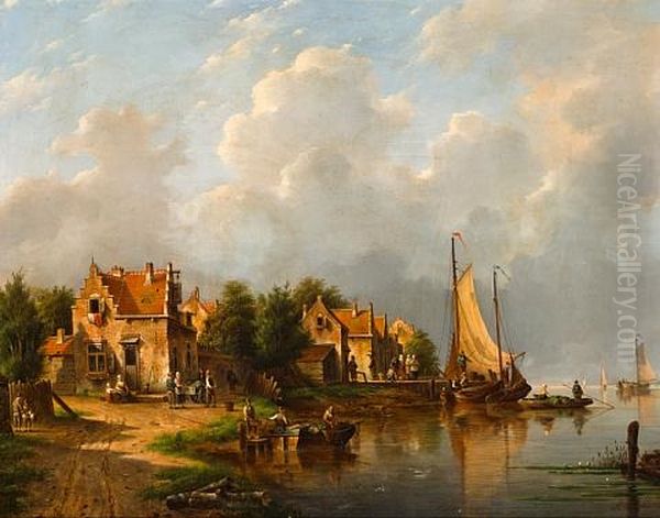 A River Scene With A Fishing Village Oil Painting by Adrianus David Hilleveld