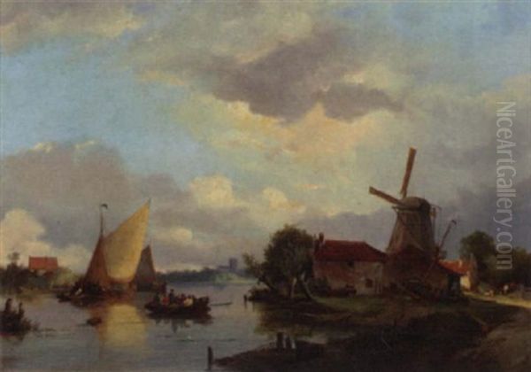 A River Landscape In Summer With Figures On A Ferry Oil Painting by Adrianus David Hilleveld