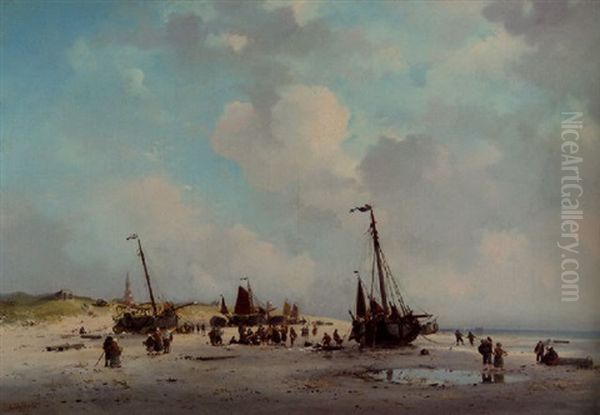 The Daily Catch: A Beachscene In Summer With Fisherfolkand Bomschuiten, Scheveningen Oil Painting by Adrianus David Hilleveld