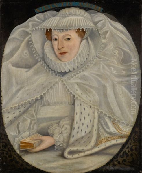 Portrait Of A Lady, Probably Elizabeth Cooke, Lady Hoby And Later Lady Russell (1528-1609), Half-length, In A White Dress, Ruff And Lace Cap, With An Ermine Cloak, A Bible In Her Left Hand, In A Painted Oval Oil Painting by Nicholas Hilliard