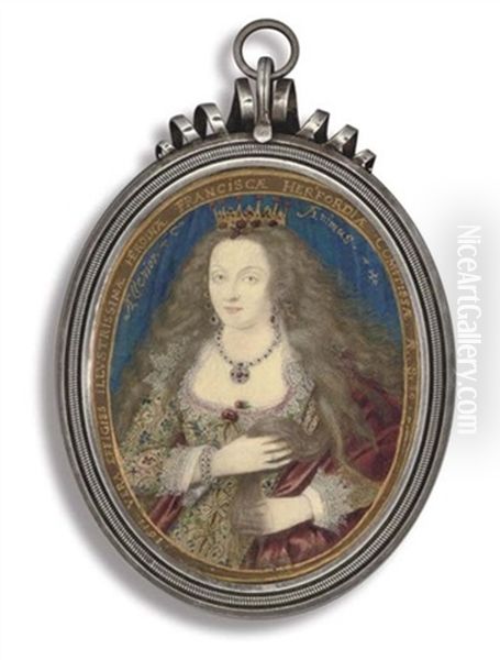 Frances, Countess Of Hertford Holding Her Long Wavy Light Brown Hair In Her Hands Oil Painting by Nicholas Hilliard