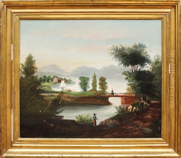 Landscape And Lake Oil Painting by William H. Hilliard