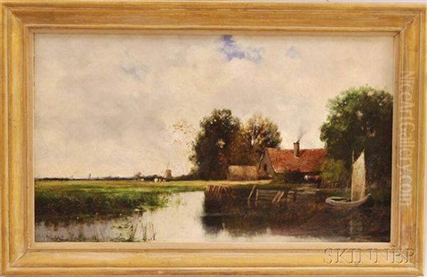 Riverside Farm With Distant Windmill Oil Painting by William Henry Hilliard