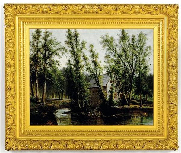 Millhouse Along Riverbank Oil Painting by William Henry Hilliard