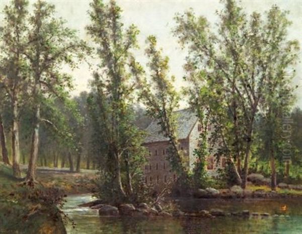 The Mill On A Quiet Stream, Spring Oil Painting by William Henry Hilliard