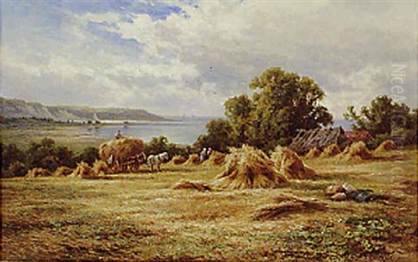 Harvesting On The Sussex Downs, Near Eastbourne Oil Painting by Henry Decon Hillier