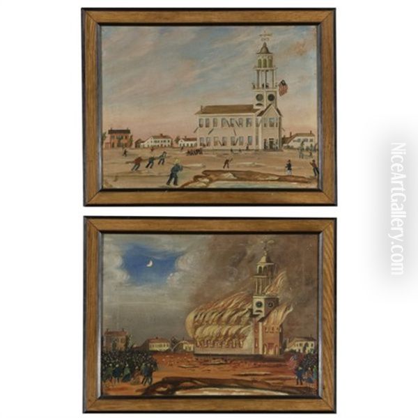 The Burning Of Old South Church In Bath, Maine (pair) Oil Painting by John Hilling