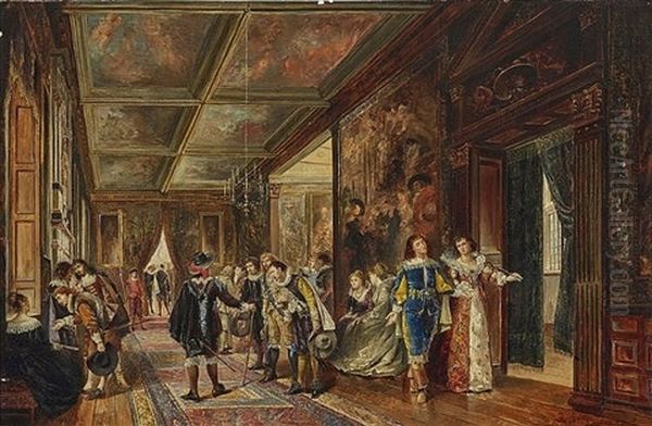 Court Courtiers In Costumes Of The 17th Century Waiting For The Ruler In A Magnificent Castle Hallway Oil Painting by Robert Alexander Hillingford