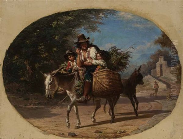 Italienischer Bauer Auf Einem Esel Mit Zwei Kindern Oil Painting by Robert Alexander Hillingford