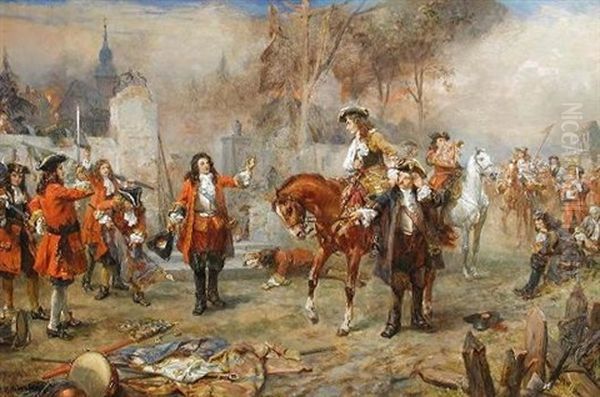 The Duke Of Marlborough Greets Prince Eugene After Their Victory At Blenheim Oil Painting by Robert Alexander Hillingford