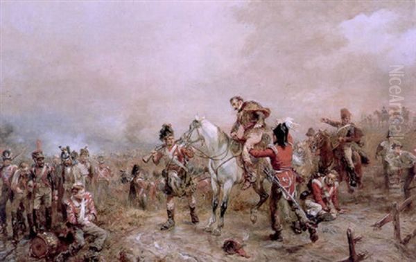 The Field At Waterloo (the Lord Uxbridge, Afterwards Marquis Of Anglesey) With The Duke Of Wellington In The Distance Oil Painting by Robert Alexander Hillingford