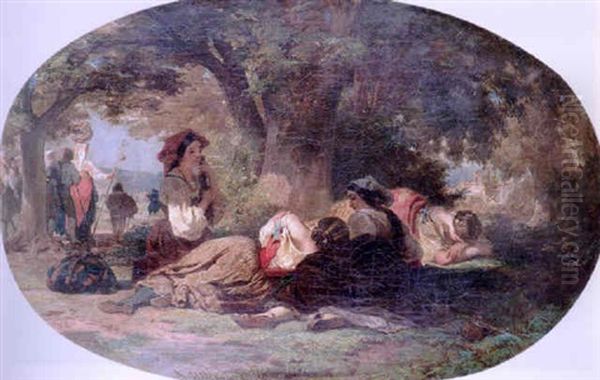 Italian Peasants Resting Beneath A Tree Oil Painting by Robert Alexander Hillingford