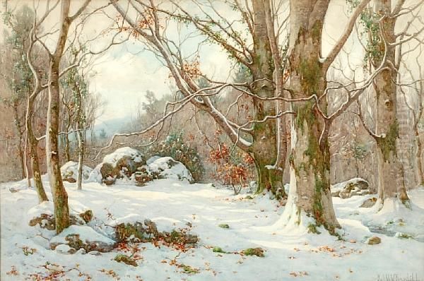 A Sunlit Snowy Woodland Glade Oil Painting by Ralph William Bardill