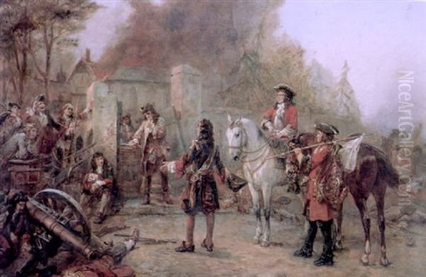 The Surrender Of The French At Blenheim - The Garrison Of The Village Had At Last Surrendered To Lord Oaksey Oil Painting by Robert Alexander Hillingford