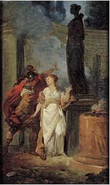 Un Guerrier Et Une Jeune Femme Devant Un Autel Dedie A Diane Oil Painting by Jean Bardin