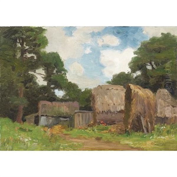 An Old Barnyard With Haystacks Oil Painting by Anna Althea Hills