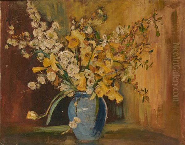 Flowers In A Blue Vase Oil Painting by Laura Coombs Hills