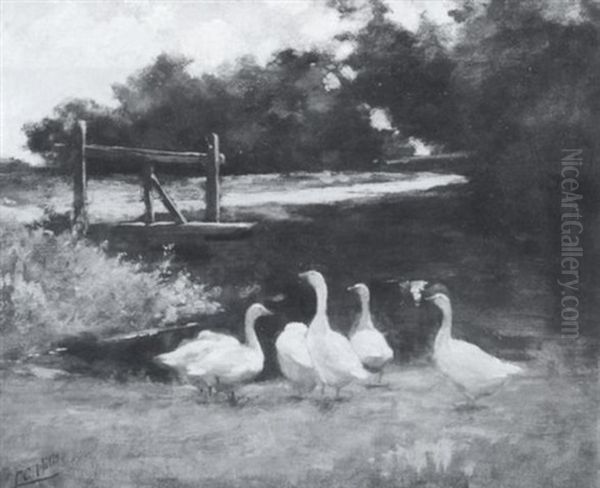 Geese By The Mill Pond Oil Painting by Laura Coombs Hills